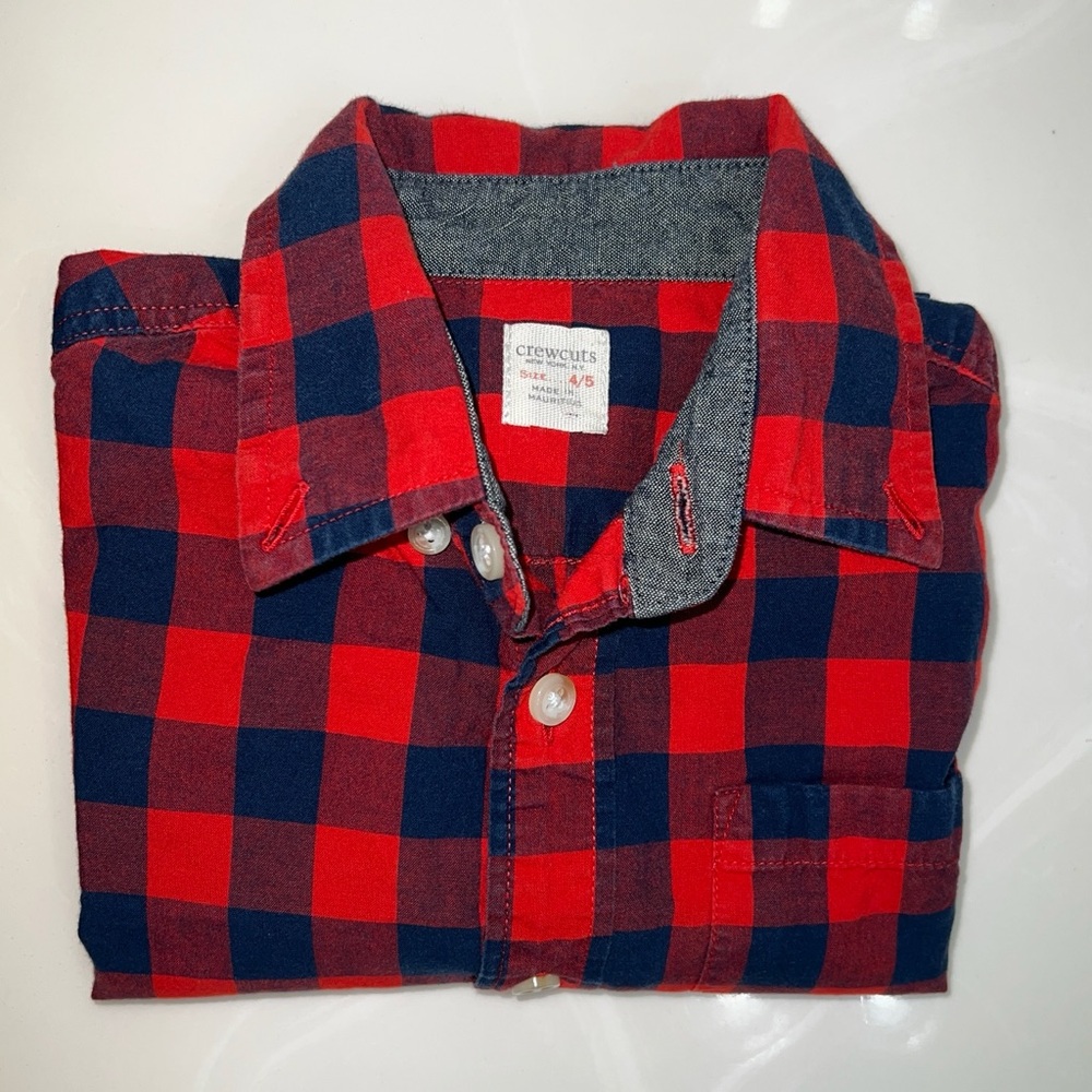 Crewcuts Boys Plaid Long Sleeve Shirt Red Blue Size 4/5 Cotton
